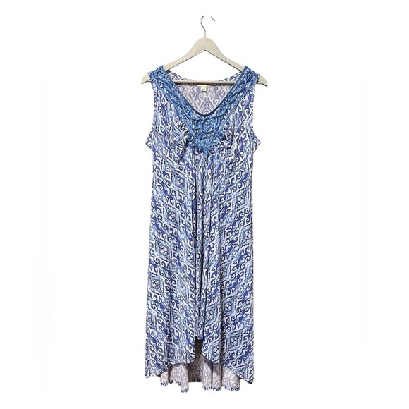 World Unity Blue Boho Geometric Midi Dress Crochet Neckline – Large - Picture 2 of 5